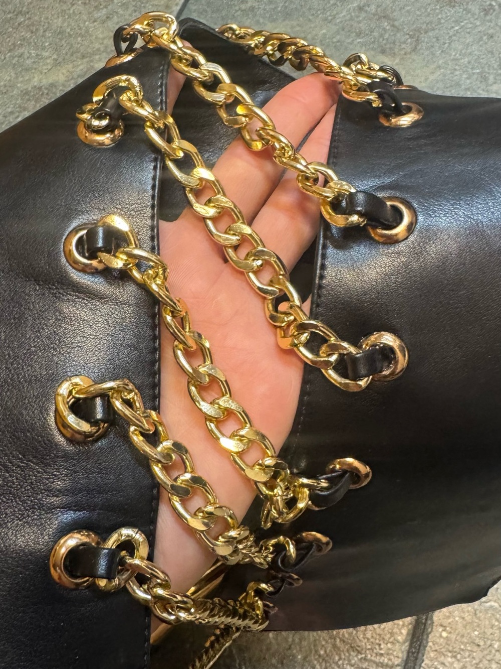Black Leather Knee-High Stiletto Boots with Gold Chain & Toe Cap US 8 - Picture 16 of 17